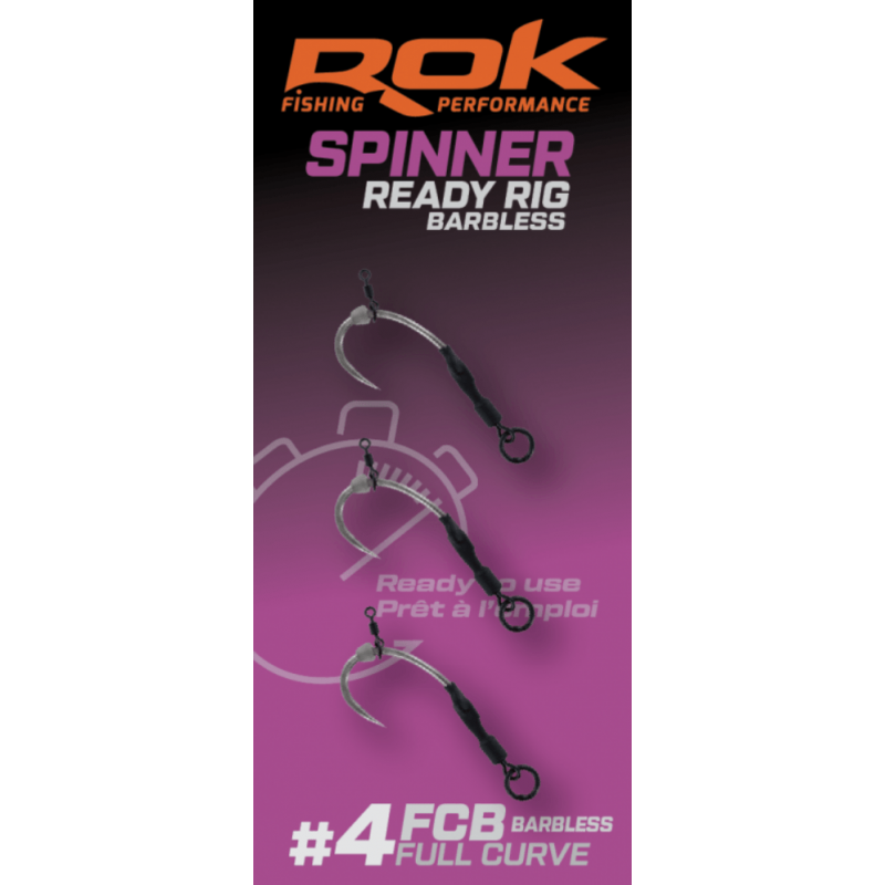 ROK Spinner-Rig Full Curve Barbless Taille 4 x3 | Bas de ligne sans ardillon carpe | www.CarpeConnect.com
