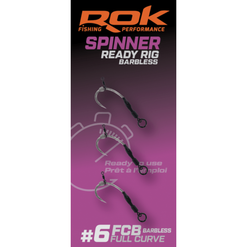 ROK Spinner-Rig Full Curve Barbless Taille 6 x3 | Bas de ligne sans ardillon carpe | www.CarpeConnect.com