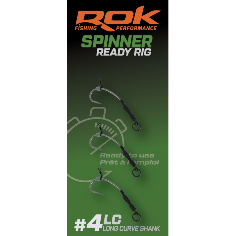 ROK Spinner-Rig Long Curve Shank Taille 4 x3 | Bas de ligne monté carpe | www.CarpeConnect.com
