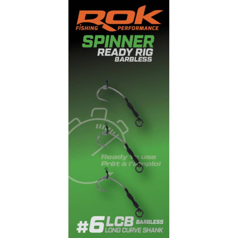 ROK Spinner-Rig Long Curve Shank Barbless Taille 6 x3 | Bas de ligne sans ardillon carpe | www.CarpeConnect.com