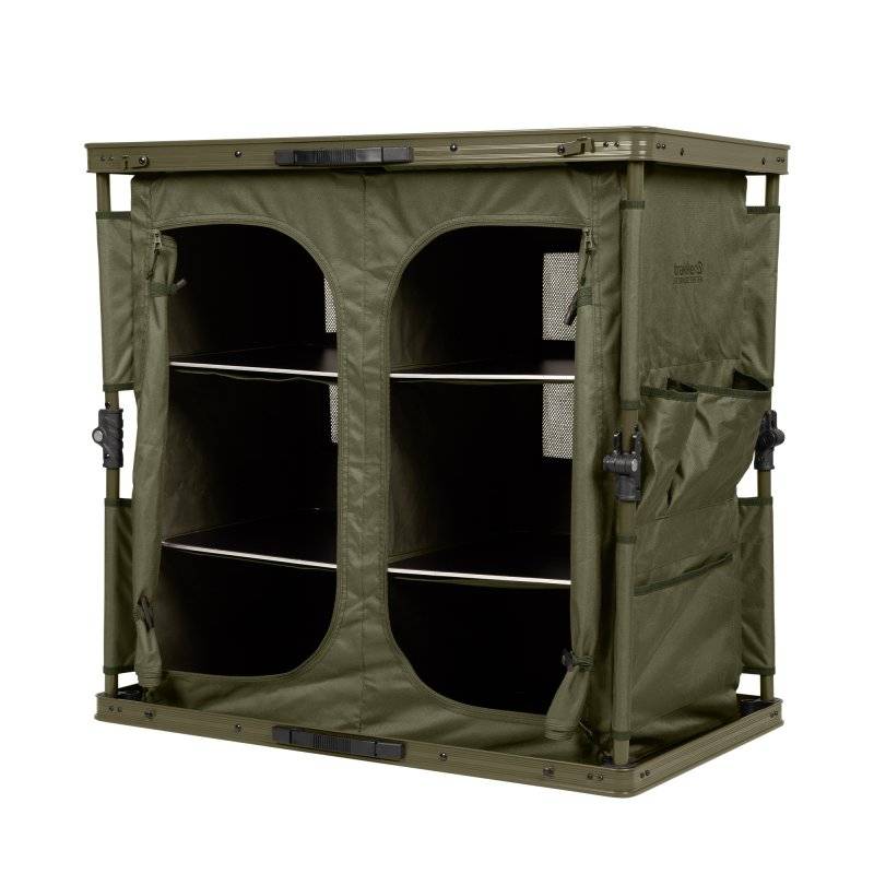 Trakker Biwy Storage XL, meuble pliable de 100 × 48 × 80 cm avec 3 compartiments et 6 poches pour bivouac de pêche à la carpe.