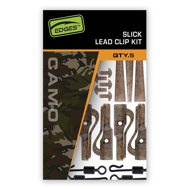 FOX EDGES Camo Slik Lead Clip Kit x5 taille 10, kit agrafe plomb pour montage carpe avec finition camouflage Edges Camo