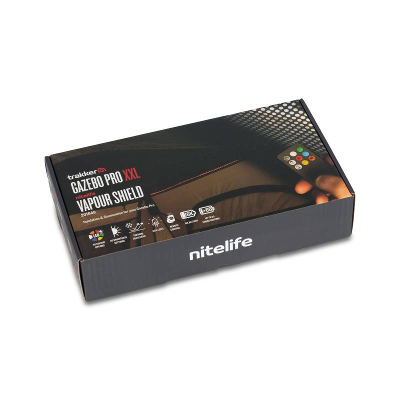 Trakker Gazebo Pro XXL Nitelife Vapor Shield thermoréfléchissant avec bandes LED multicolores et batterie externe de 16 000 mAh.