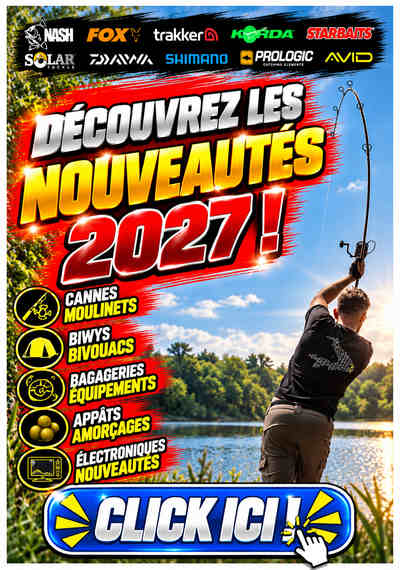 Découvrez les nouveautés pêche à la carpe 2027 : cannes, moulinets, biwys, bagageries, appâts et accessoires sur CarpeConnect